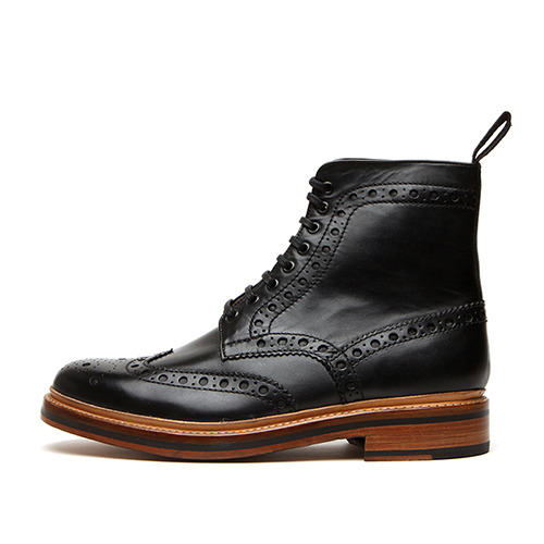 男子 Grenson Fred Calf Black Brogue Boots 5068-01G